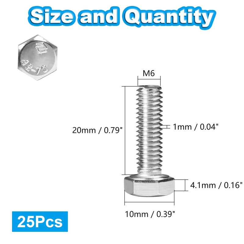Yinpecly 25 Pcs M6 Hex Bolts M6-1.0 x 20mm Hex Head Screw Bolt 304 Stainless Steel M6-1.0mm Hexagon Bolts Hex Head Screws, Metric Machine Fully Thread, Bright Finish - Image 2